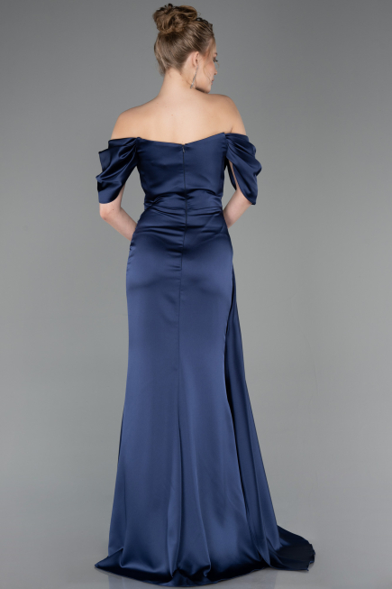Robe Queue de Poisson Longue Satin Bleu Marine ABU5765