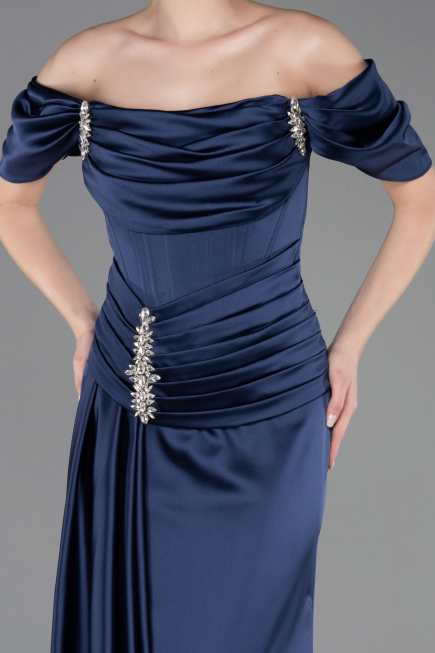 Robe Queue de Poisson Longue Satin Bleu Marine ABU5765