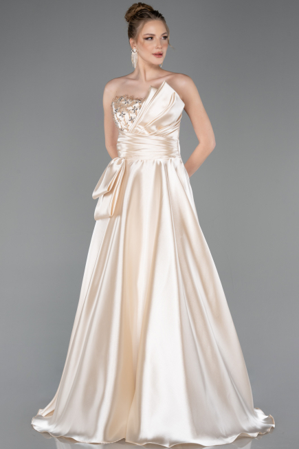 Robe de Soirée Longue Satin Beige ABU5767