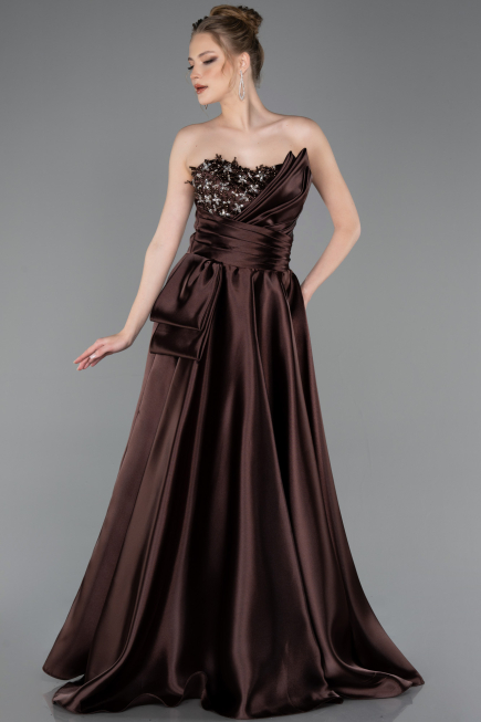 Robe de Soirée Longue Satin Brun ABU5767