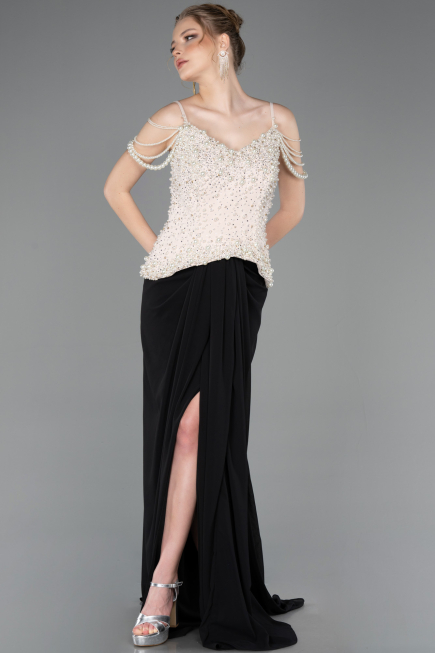 Robe de Soirée Longue Mousseline Noir-Beige ABU5753