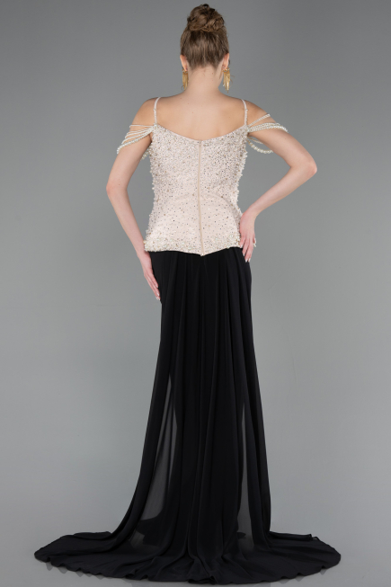 Robe de Soirée Longue Mousseline Noir-Beige ABU5753