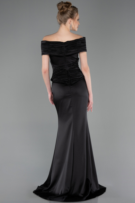 Robe de Soirée Longue Satin Noir ABU5785