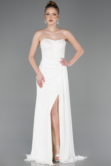 Robe de Soirée Longue Mousseline Blanc ABU5791