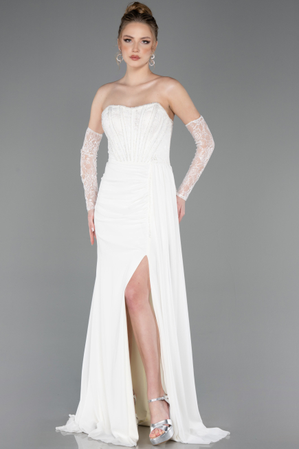 Robe de Soirée Longue Mousseline Blanc ABU5791