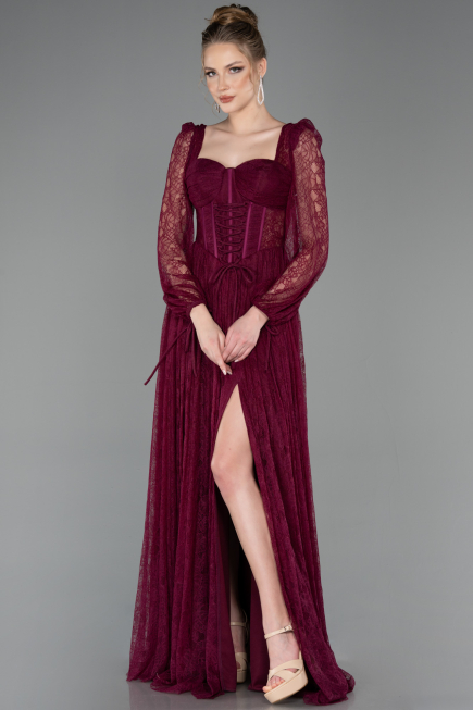Robe de Soirée Longue Dantelle Couleur Cerise ABU5797
