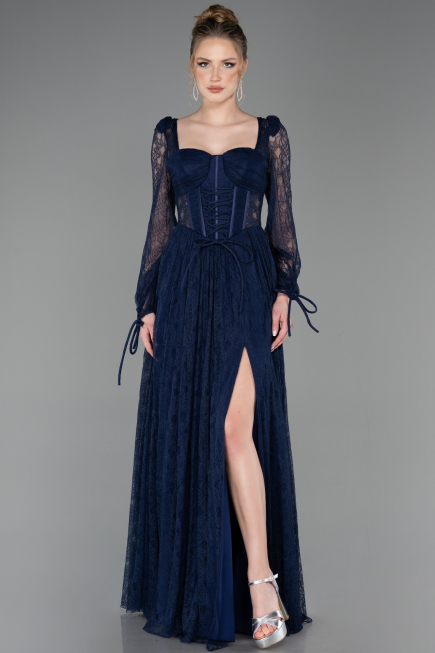 Robe de Soirée Longue Dantelle Bleu Marine ABU5797
