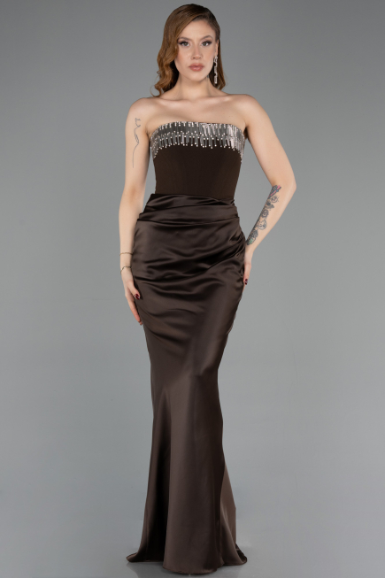 Robe Queue de Poisson Longue Satin Brun ABU5820