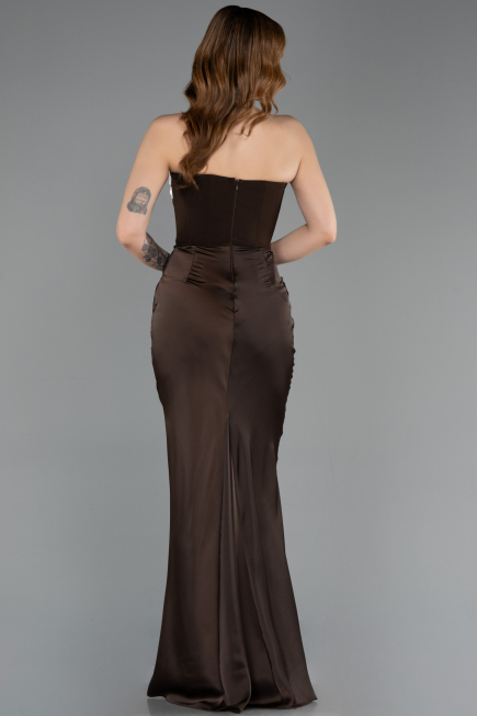 Robe Queue de Poisson Longue Satin Brun ABU5820