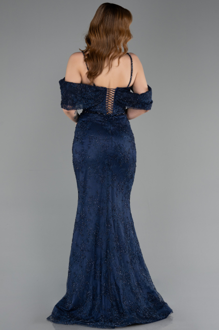 Robe Queue de Poisson Longue Dantelle Bleu Marine ABU5822