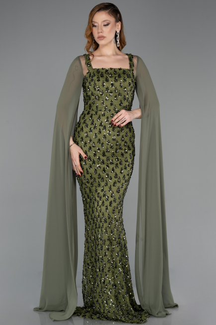 Robe De Soirée Squameuse Longue Kaki ABU5589