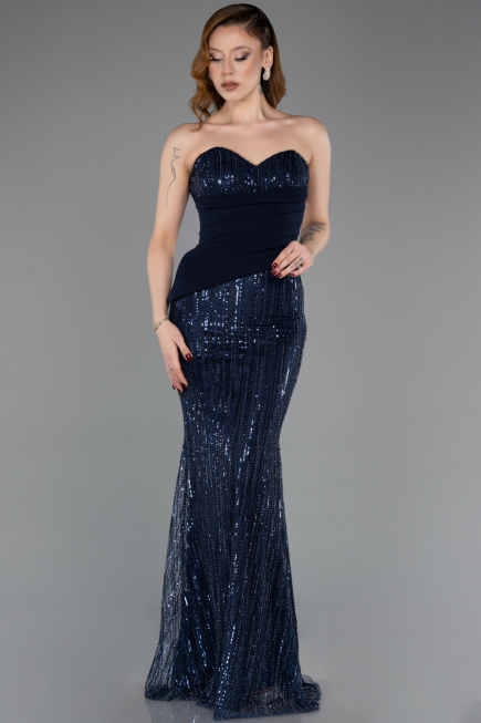 Robe de Soirée Longue Perlé Bleu Marine ABU5766