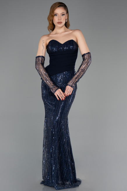 Robe de Soirée Longue Perlé Bleu Marine ABU5766