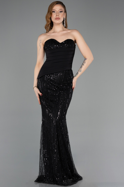 Robe de Soirée Longue Perlé Noir ABU5766