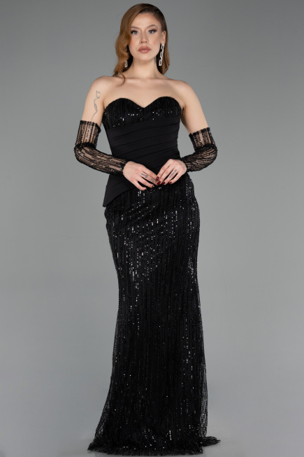 Robe de Soirée Longue Perlé Noir ABU5766
