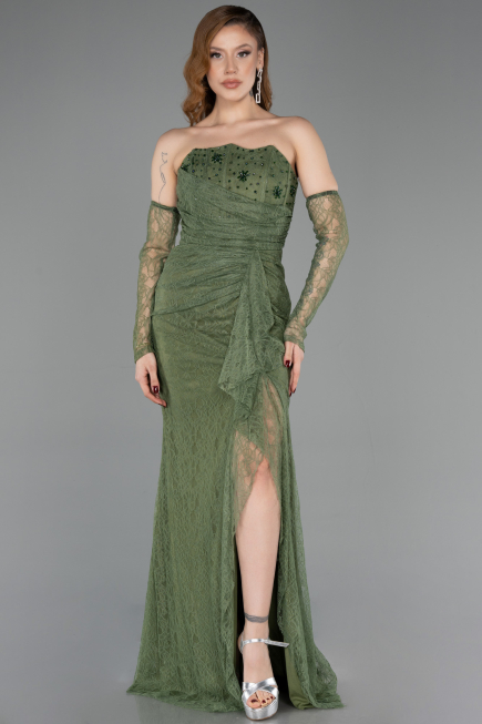 Robe De Soirée Dantelle Longue Kaki ABU5603