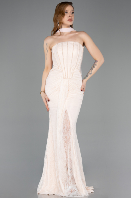 Robe De Soirée Dantelle Longue Beige ABU5686
