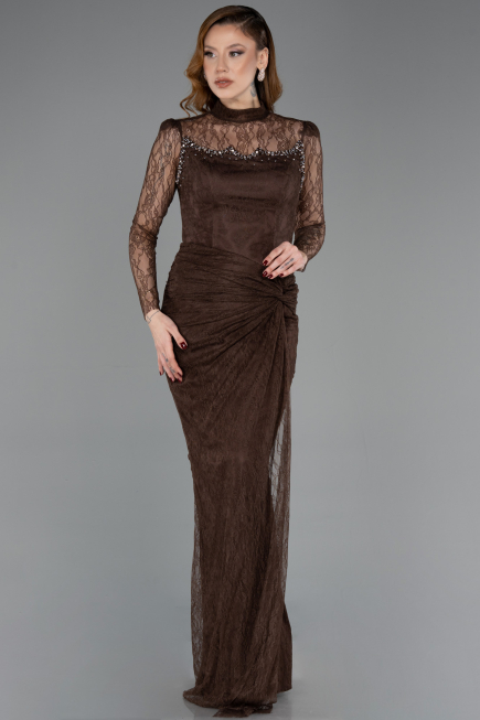 Robe de Soirée Longue Dantelle Brun ABU5823
