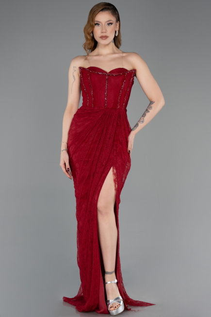 Robe de Soirée Longue Dantelle Rouge Bordeaux ABU5770