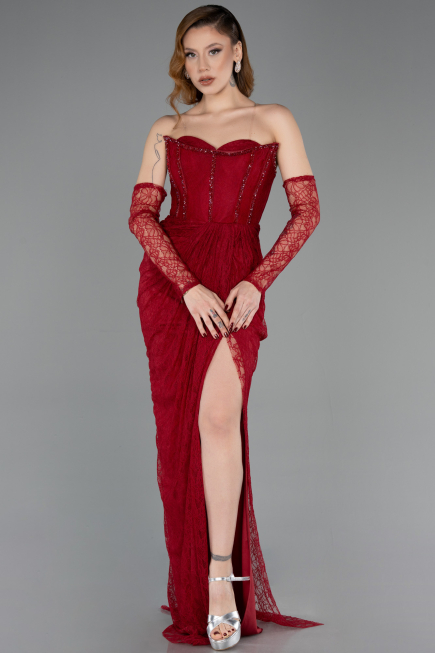 Robe de Soirée Longue Dantelle Rouge Bordeaux ABU5770