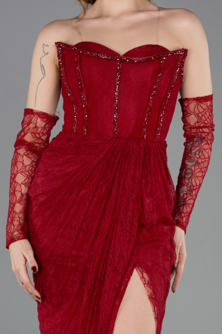 Robe de Soirée Longue Dantelle Rouge Bordeaux ABU5770