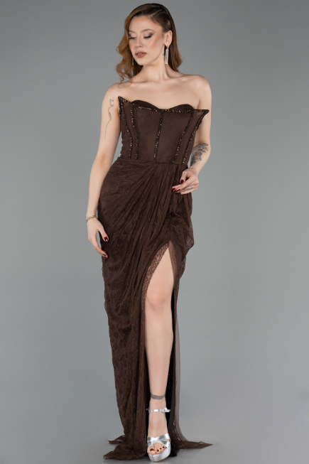 Robe de Soirée Longue Dantelle Brun ABU5770