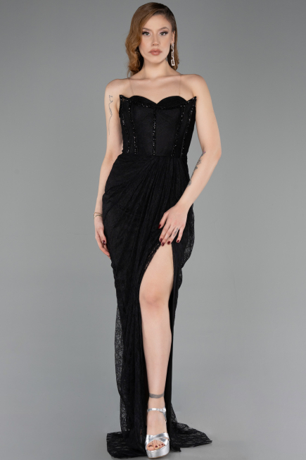 Robe de Soirée Longue Dantelle Noir ABU5770