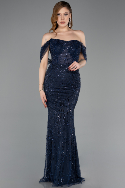 Robe de Soirée Longue Perlé Bleu Marine ABU5833
