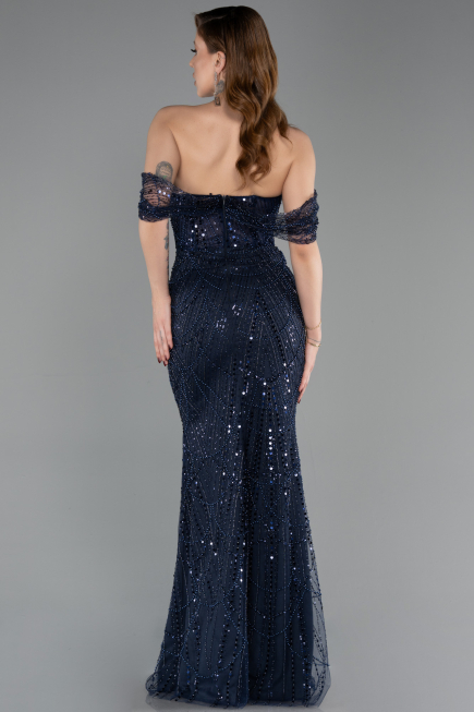 Robe de Soirée Longue Perlé Bleu Marine ABU5833