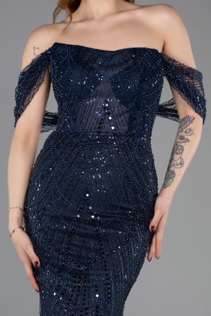 Robe de Soirée Longue Perlé Bleu Marine ABU5833