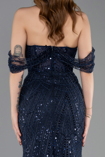 Robe de Soirée Longue Perlé Bleu Marine ABU5833