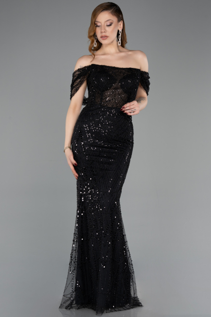 Robe de Soirée Longue Perlé Noir ABU5833