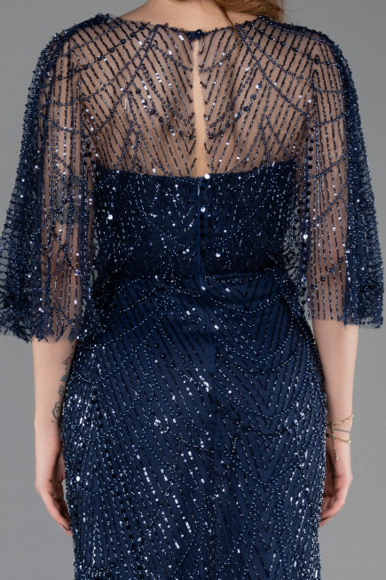 Robe de Soirée Longue Perlé Bleu Marine ABU5798