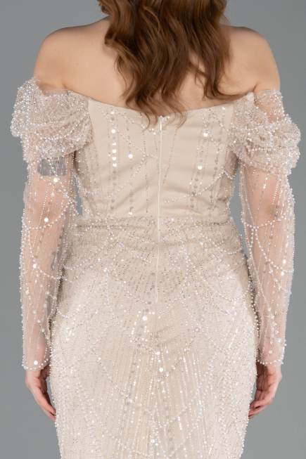 Robe de Soirée Longue Perlé Beige ABU5825