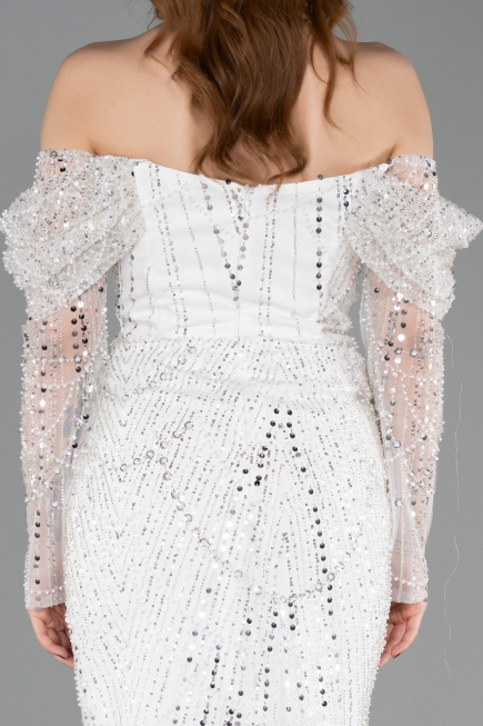Robe de Soirée Longue Perlé Blanc ABU5825