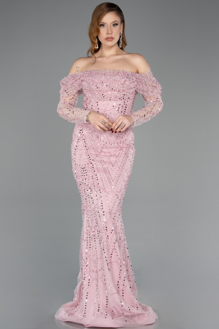 Robe de Soirée Longue Perlé Poudre ABU5825