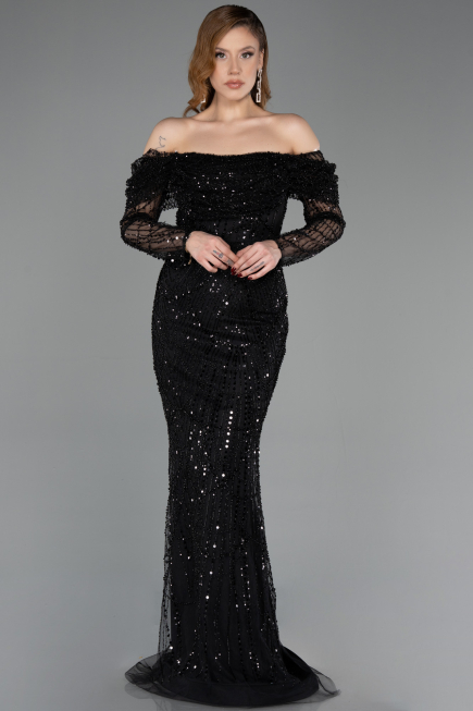 Robe de Soirée Longue Perlé Noir ABU5825