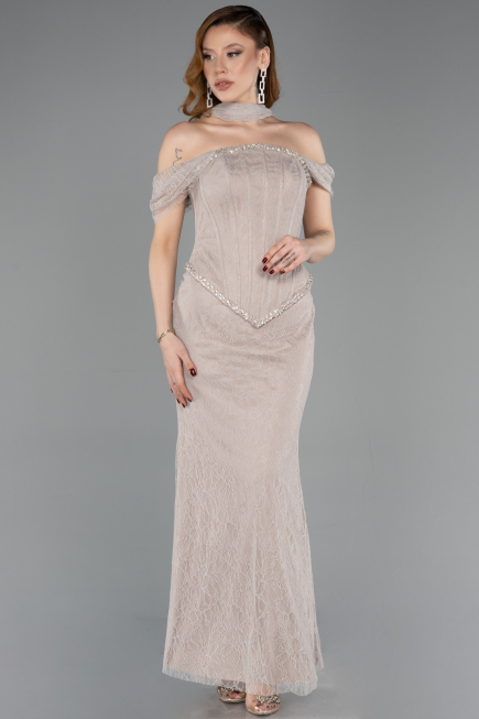 Robe de Soirée Longue Dantelle Vison ABK2548