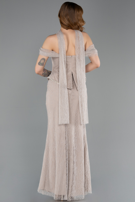 Robe de Soirée Longue Dantelle Vison ABK2548