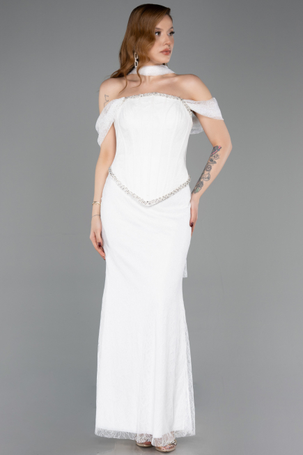 Robe de Soirée Longue Dantelle Blanc ABU5839