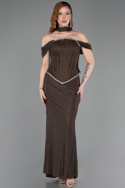 Robe de Soirée Longue Dantelle Brun ABU5839