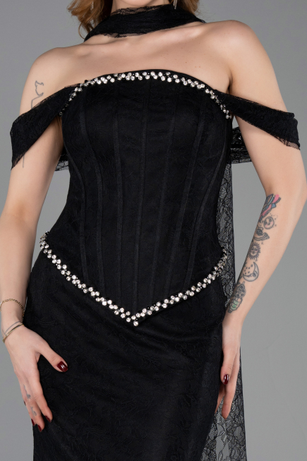 Robe de Soirée Longue Dantelle Noir ABU5839