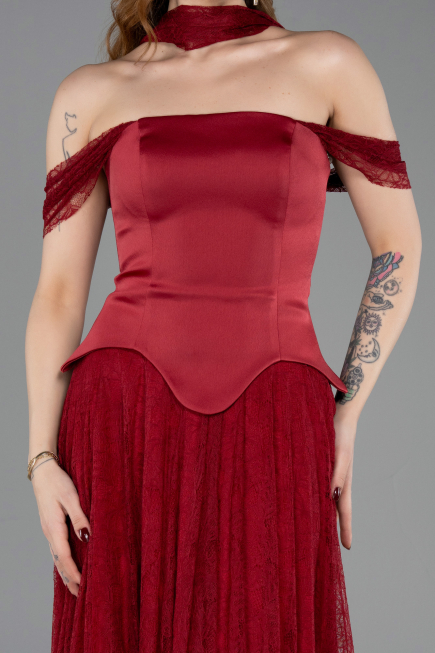 Robe de Soirée Longue Dantelle Rouge Bordeaux ABU5799