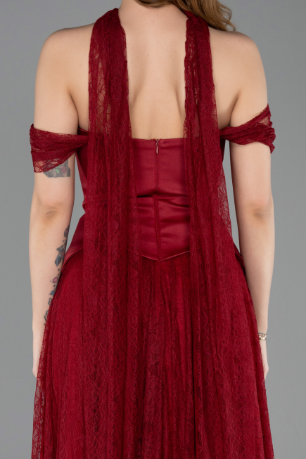 Robe de Soirée Longue Dantelle Rouge Bordeaux ABU5799