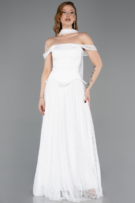 Robe de Soirée Longue Dantelle Blanc ABU5799