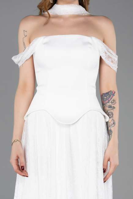 Robe de Soirée Longue Dantelle Blanc ABU5799