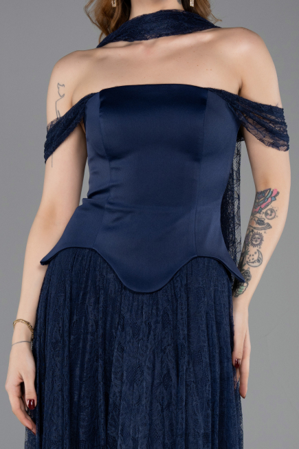 Robe de Soirée Longue Dantelle Bleu Marine ABU5799