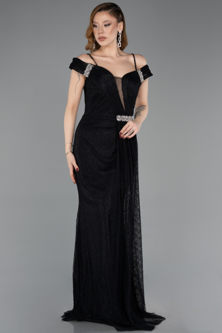 Robe de Soirée Longue Dantelle Noir ABU5841