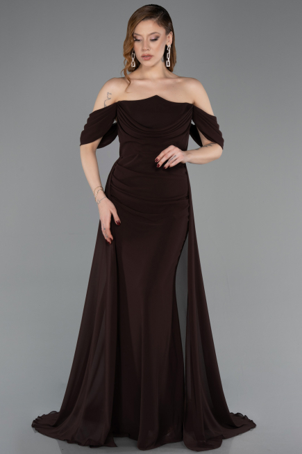 Robe de Soirée Longue Mousseline Brun ABU5826