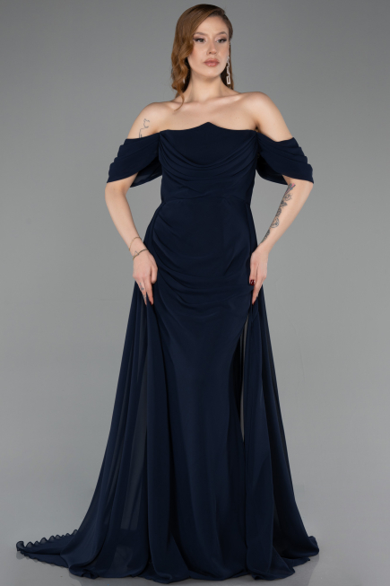 Robe de Soirée Longue Mousseline Bleu Marine ABU5826